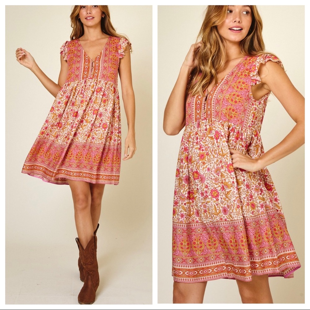 Sleeveless Floral Print Mix Boho Dress